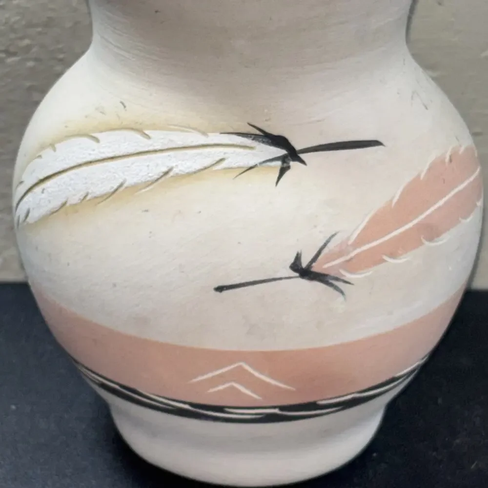 Rose Feathers Desert Pueblo Vase Painted Stoneware Pottery Signed 6